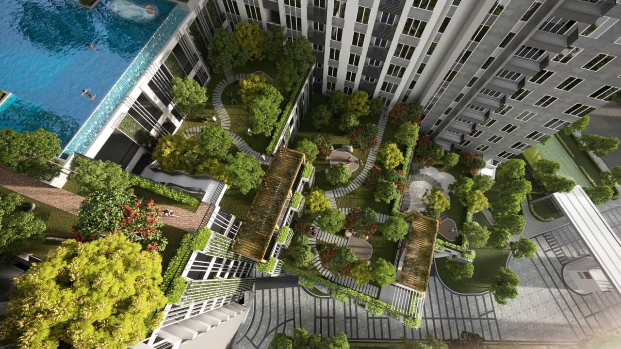 Aerial view over the landscaped wellness terraces at Arunya Residences by KLN Land Sdn Bhd, KL North, Jinjang, Kuala Lumpur