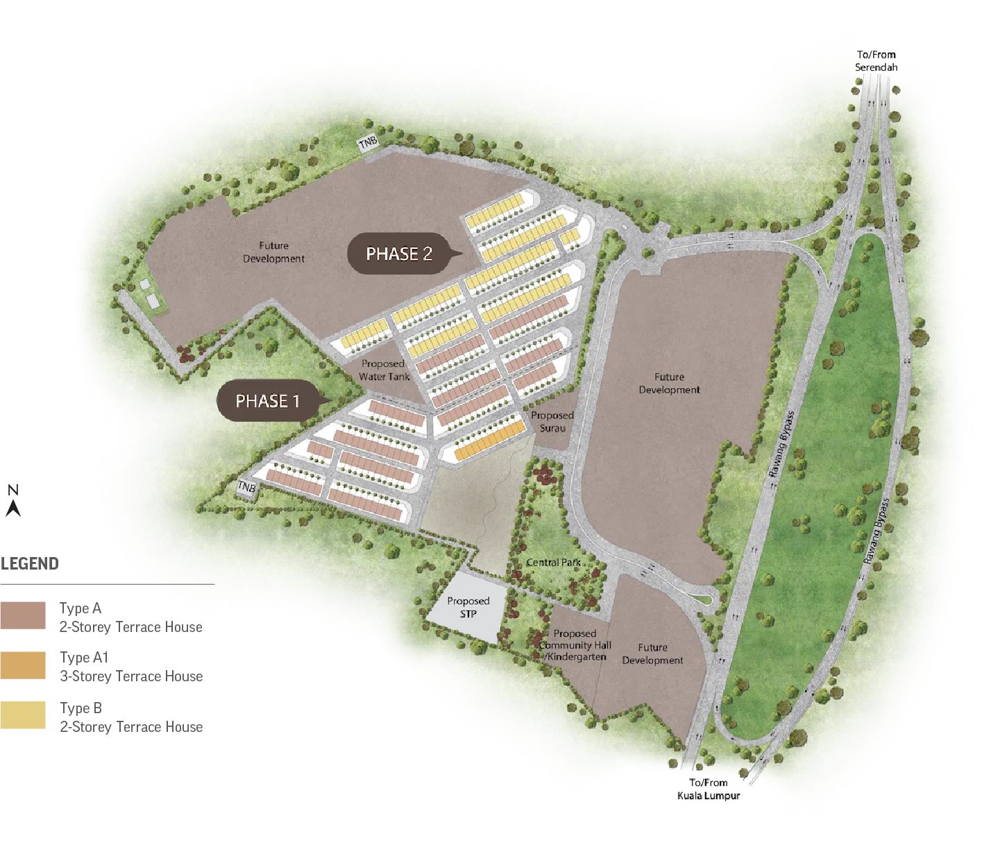 Master plan of Botanica Hills showing the phases and the 2.5-acre central park, by Stellar Trinity Sdn Bhd, Chin Hin Group Property, Templer, Rawang, Hulu Selangor, Selangor