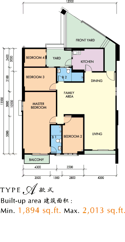Casa Tebrau @ Seri Palma Type A official floor plan — 1,894 - 2,013 sq ft · 4 bedrooms