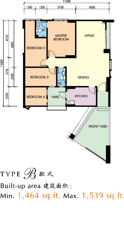 Casa Tebrau @ Seri Palma Type B official floor plan — 1,464 - 1,539 sq ft · 4 bedrooms