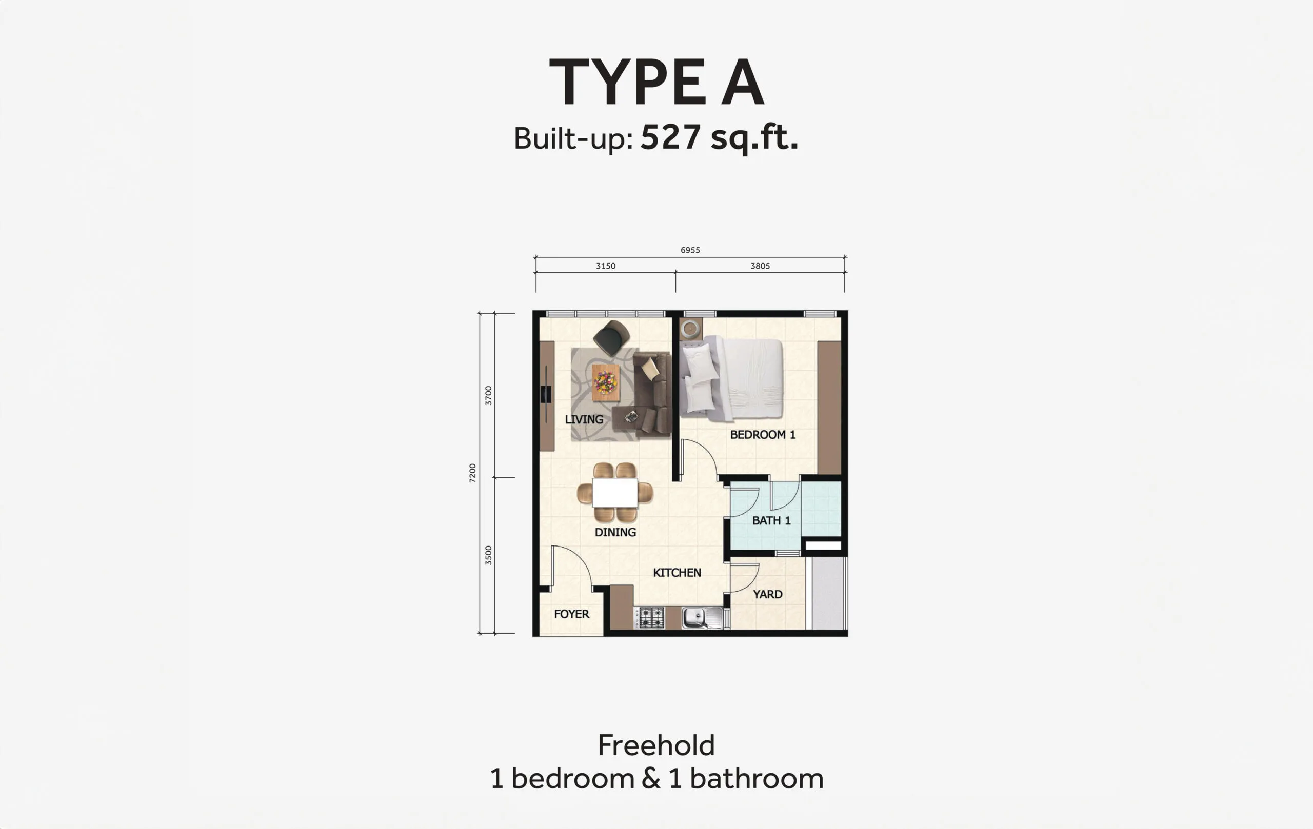 D'Summit Residences @ Kempas Utama Type A official floor plan — 527 sq ft · 1 bed 1 bath