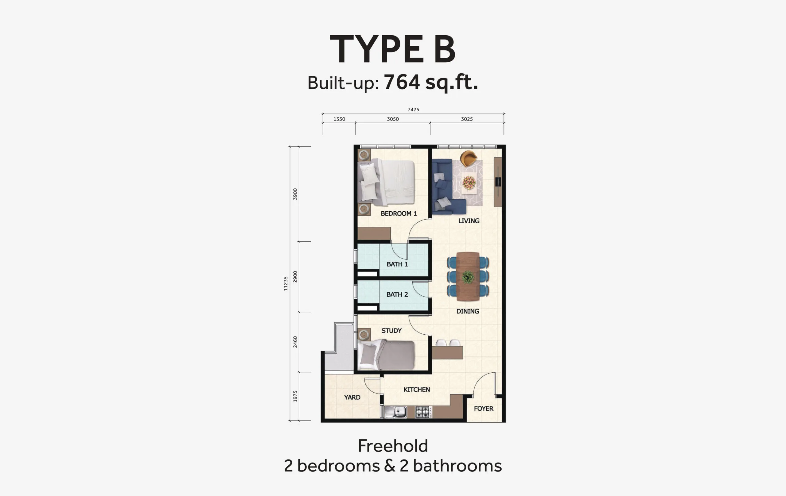 D'Summit Residences @ Kempas Utama Type B official floor plan — 764 sq ft · 2 bed 2 bath