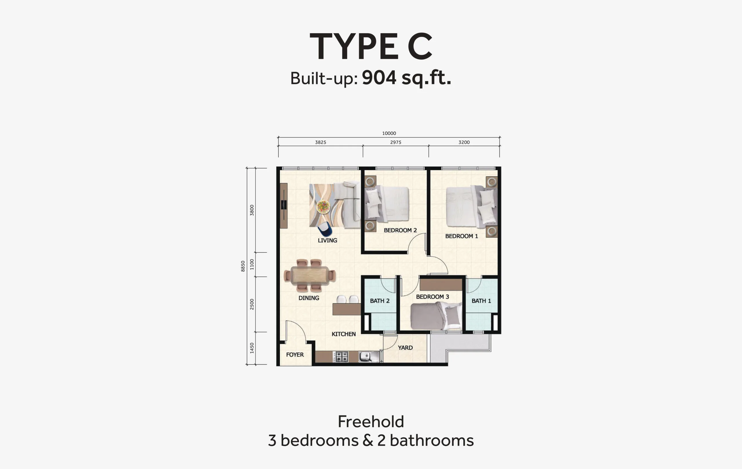 D'Summit Residences @ Kempas Utama Type C official floor plan — 904 sq ft · 3 bed 2 bath