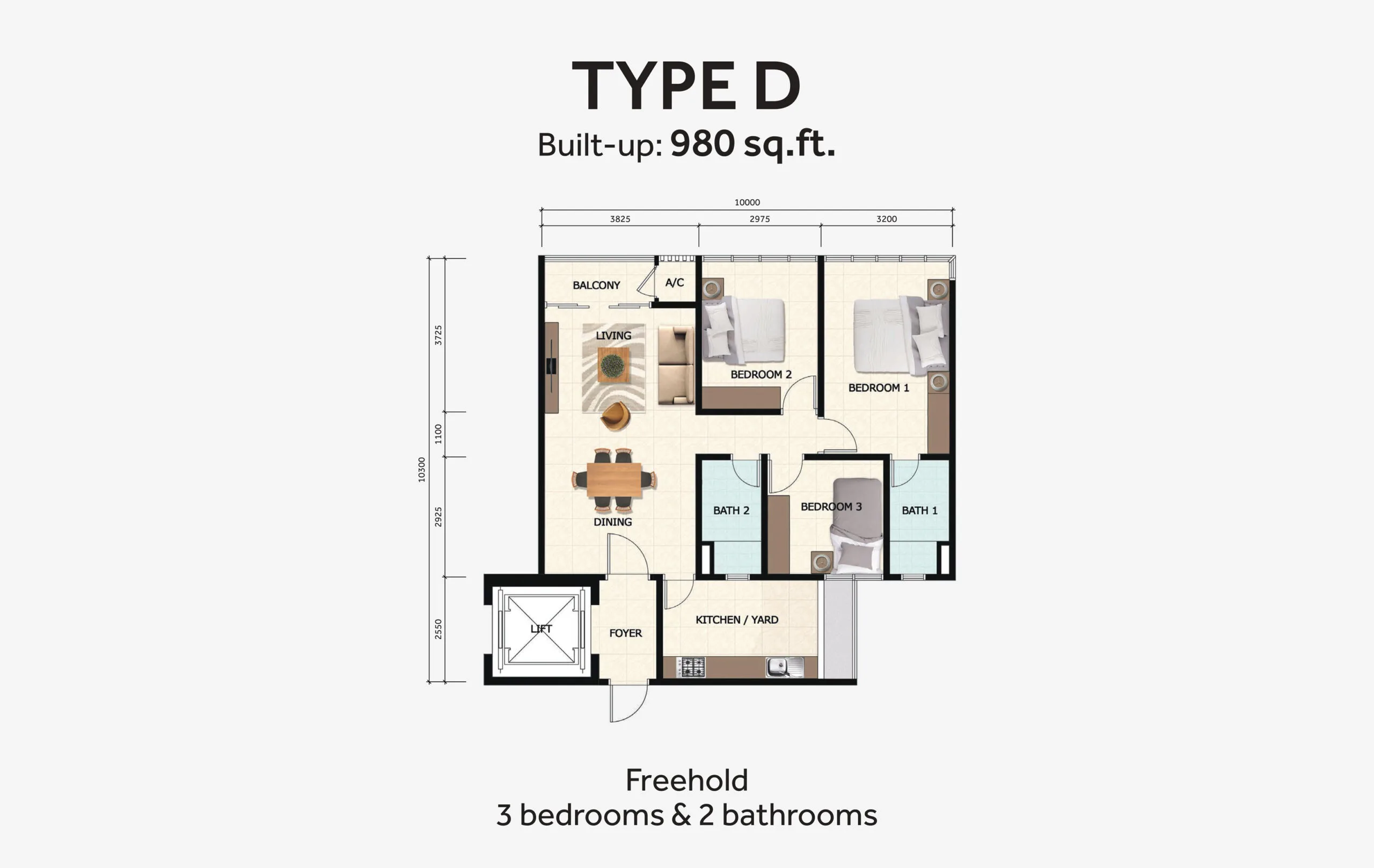 D'Summit Residences @ Kempas Utama Type D official floor plan — 980 sq ft · 3 bed 2 bath