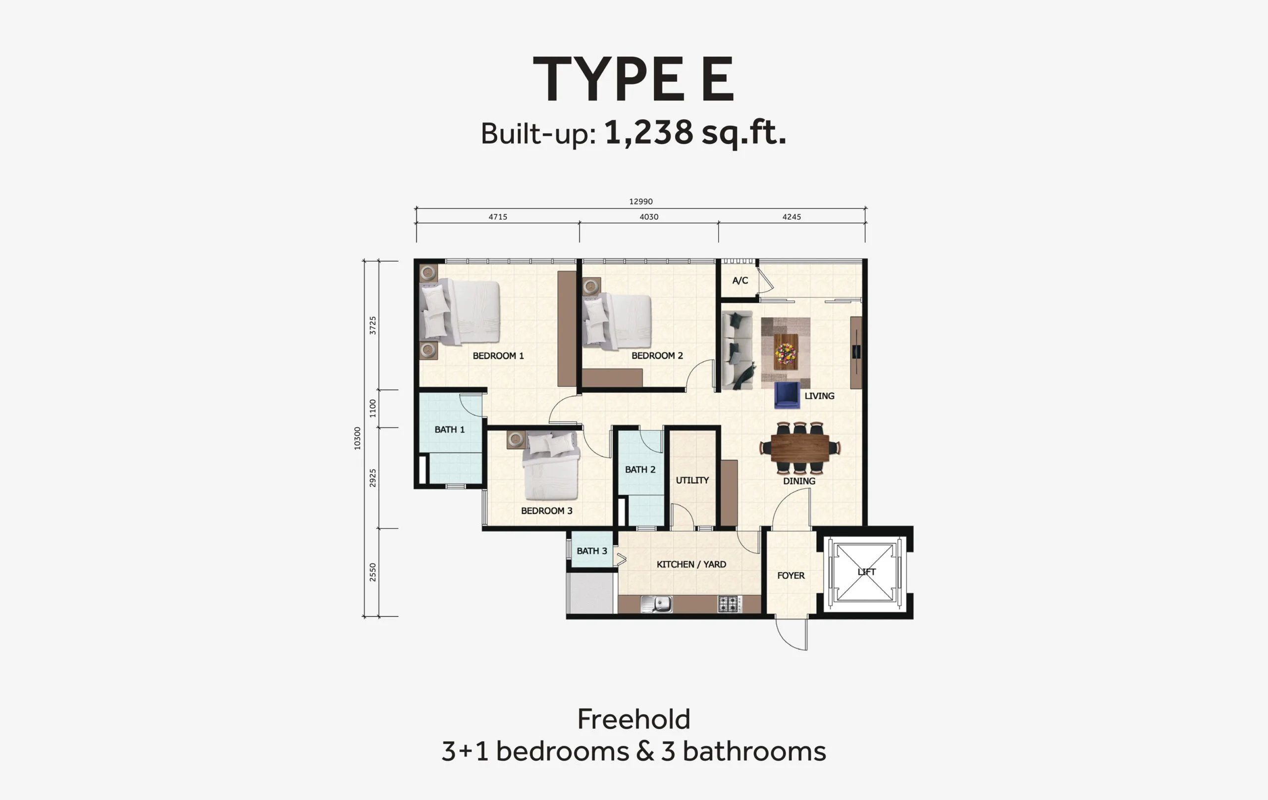 D'Summit Residences @ Kempas Utama Type E official floor plan — 1,238 sq ft · 3+1 rooms