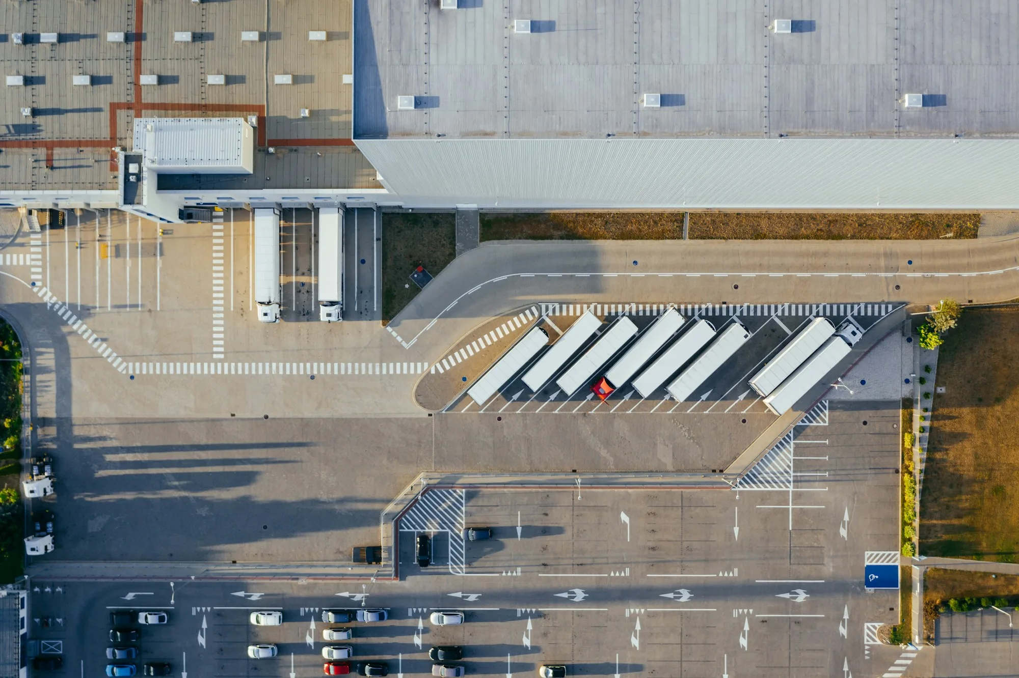 Distribution centre and truck yard from the air, representing regional distribution and third-party logistics here