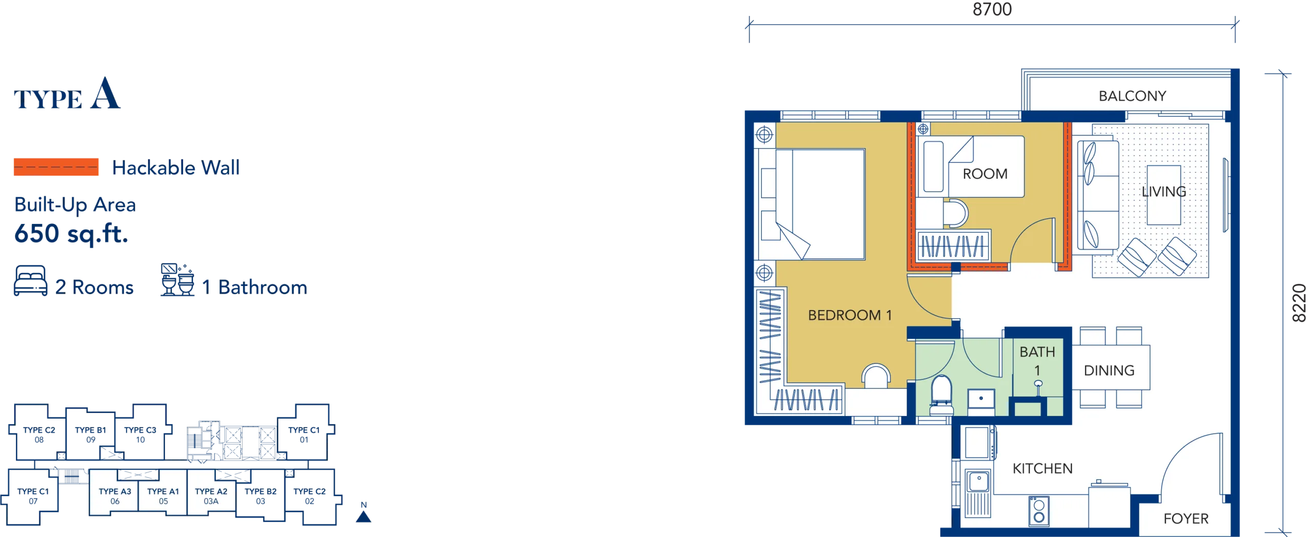 Type A floor plan, 650 sq ft, at Gen Starz by Majestic Gen Sdn Bhd, Old Klang Road, 58100 Kuala Lumpur