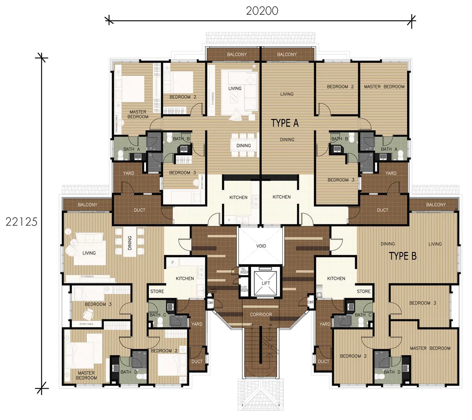 Larkin Residence (Phase 1/2/3) Type A + Type B 官方户型平面图 — 同一张标准层平面 · 1,108–1,285 平方尺 · 3 房