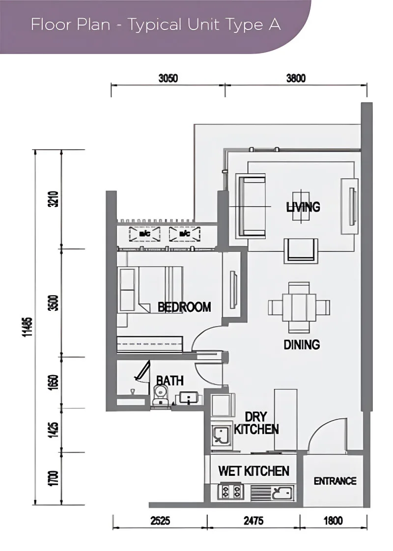 Medini Signature Tower 1 Type A official floor plan — 655 sq ft · 1 bed 1 bath