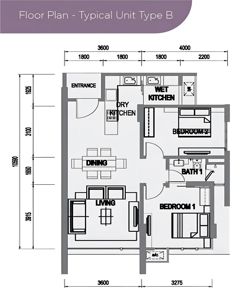 Medini Signature Tower 1 Type B official floor plan — 790 sq ft · 2 bed 1 bath