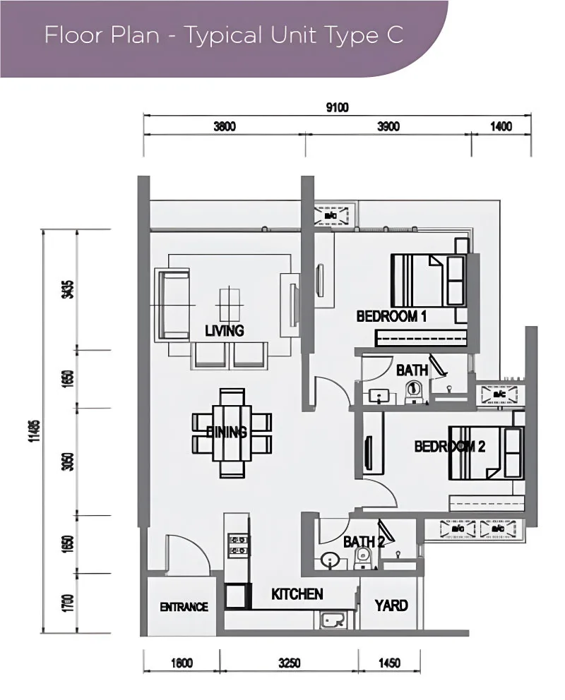 Medini Signature Tower 1 Type C official floor plan — 955 sq ft · 2 bed 2 bath