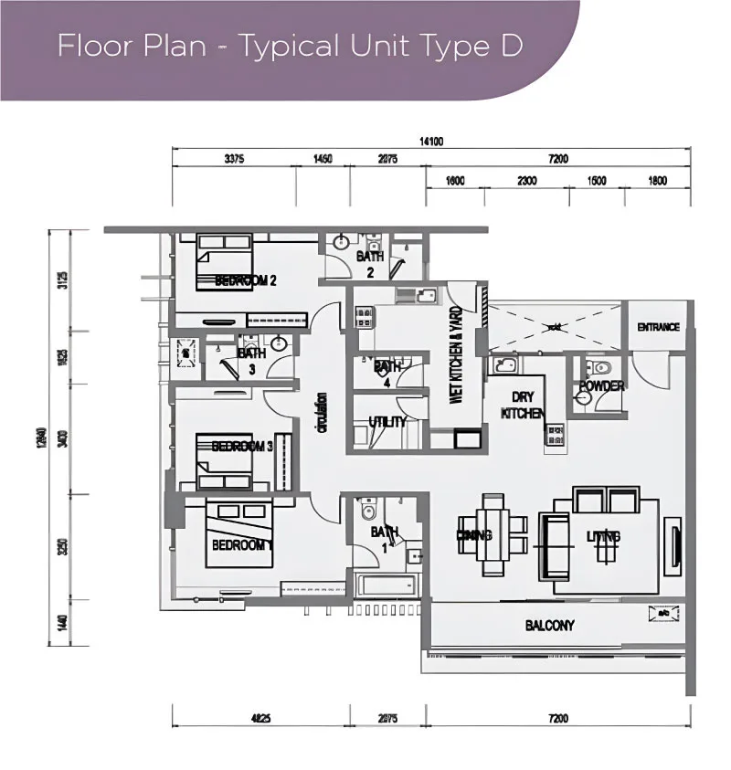 Medini Signature Tower 1 Type D official floor plan — 1,600 sq ft · 3+1 bed 4 bath