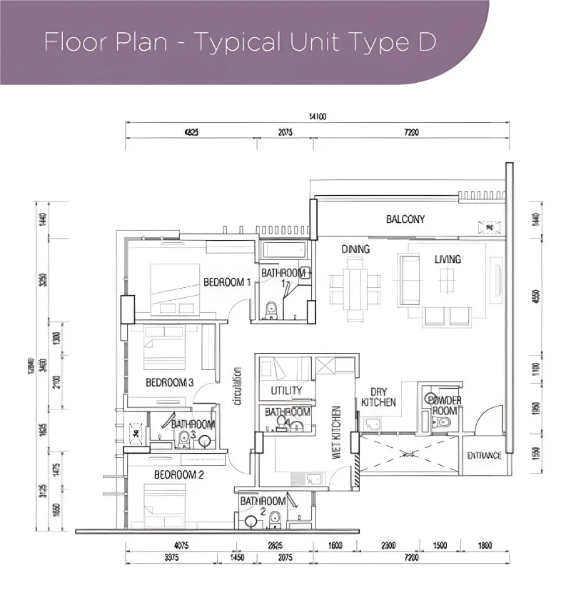 Medini Signature Tower 2 Type D official floor plan — 1,600 sq ft · 3 bed 4 bath
