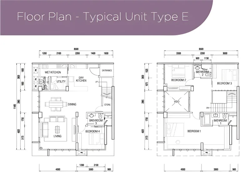 Medini Signature Tower 2 Type E official floor plan — Lower 1,023 sq ft + upper 927 sq ft · 4 bed 4 bath duplex