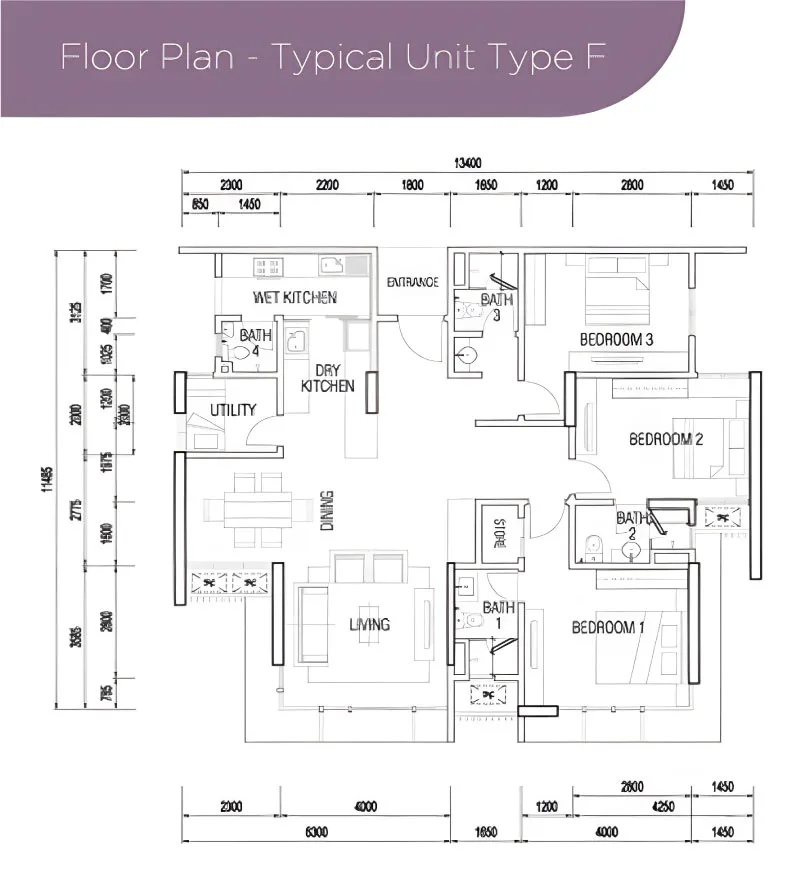Medini Signature Tower 2 Type F official floor plan — 1,395 sq ft · 3 bed 4 bath