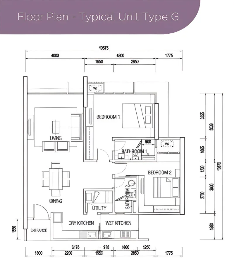 Medini Signature Tower 2 Type G official floor plan — 1,088 sq ft · 2 bed 2 bath