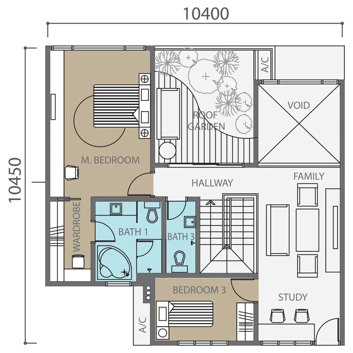 Molek Regency Type E / E1 (Upper) official floor plan — 1,995 sq ft · penthouse upper floor with roof garden