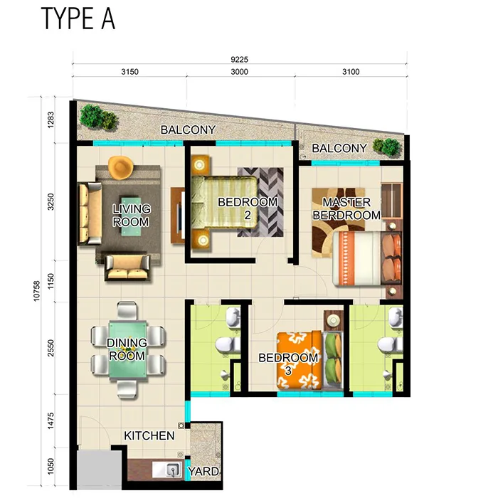 One 49 Residence Type A official floor plan — 875 sq ft · 3 bed 2 bath