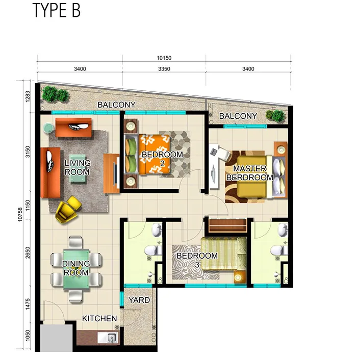 One 49 Residence Type B official floor plan — 976 sq ft · 3 bed 2 bath