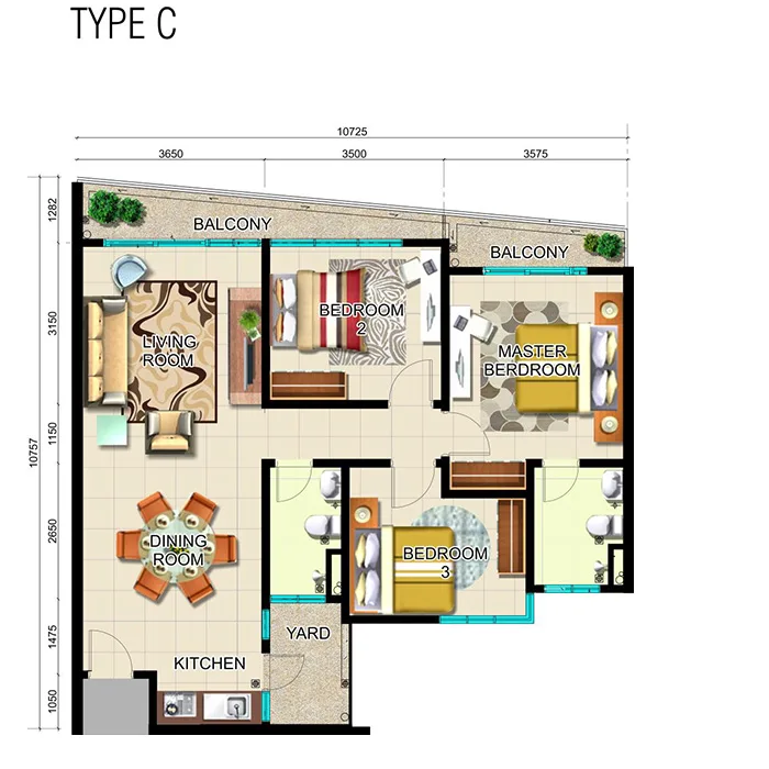 One 49 Residence Type C official floor plan — 1,050 sq ft · 3 bed 2 bath