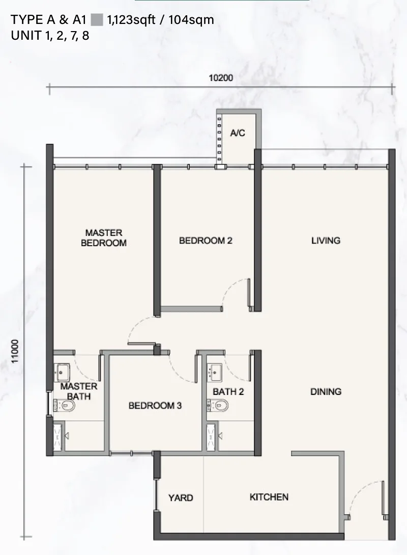 Paradigm Residence Type A & A1 官方户型平面图 — 1,123 平方尺 · 3 房 2 卫