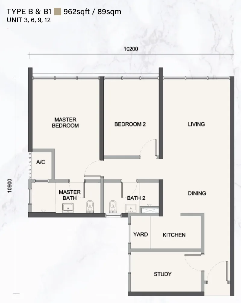 Paradigm Residence Type B & B1 官方户型平面图 — 962 平方尺 · 2 房 + 书房 · 2 卫