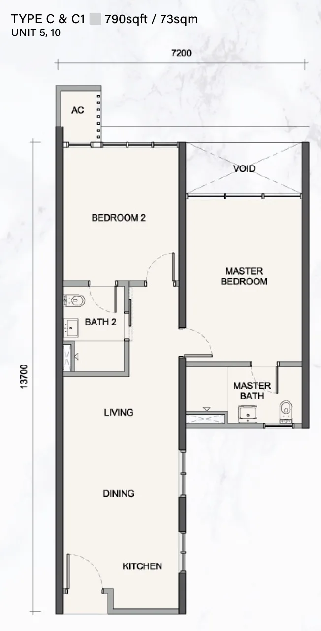 Paradigm Residence Type C & C1 官方户型平面图 — 790 平方尺 · 2 房 2 卫