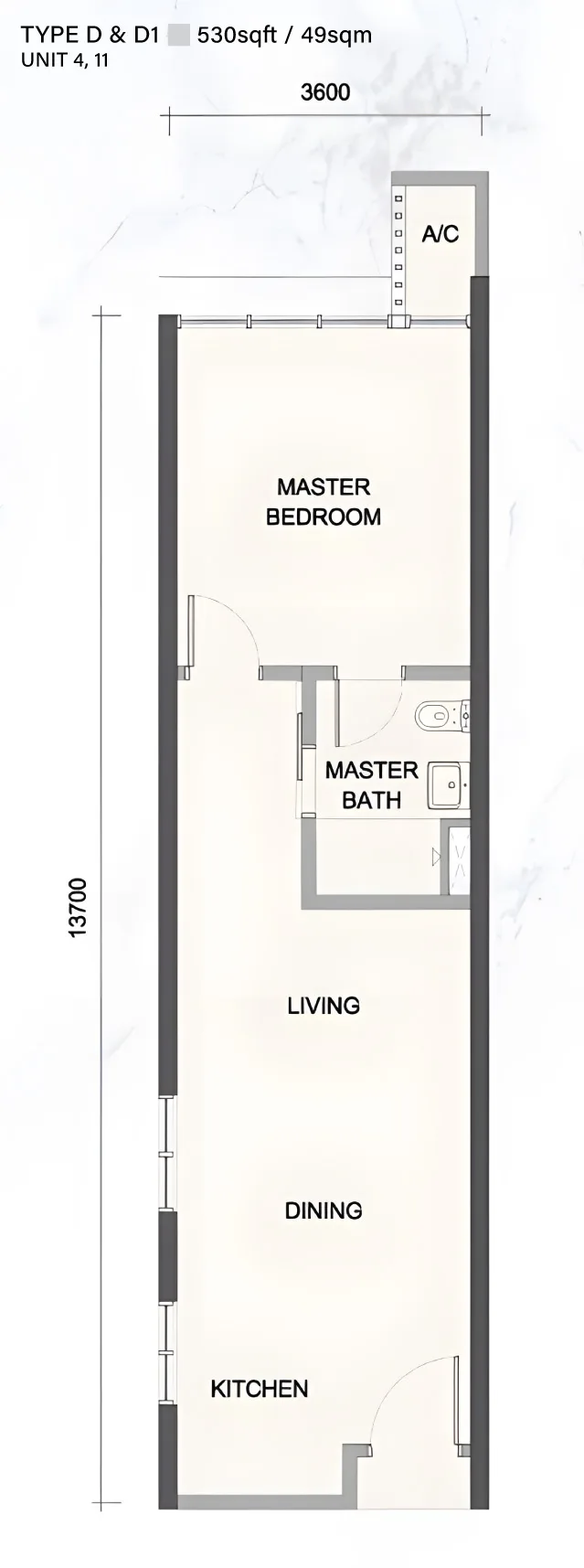 Paradigm Residence Type D & D1 官方户型平面图 — 530 平方尺 · 1 房 1 卫