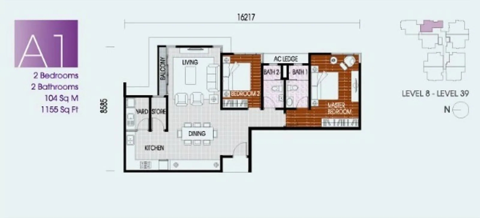Pinnacle Tower Type A1 官方户型平面图 — 1,155 平方尺 · 2 房 2 卫 · 8–39 楼