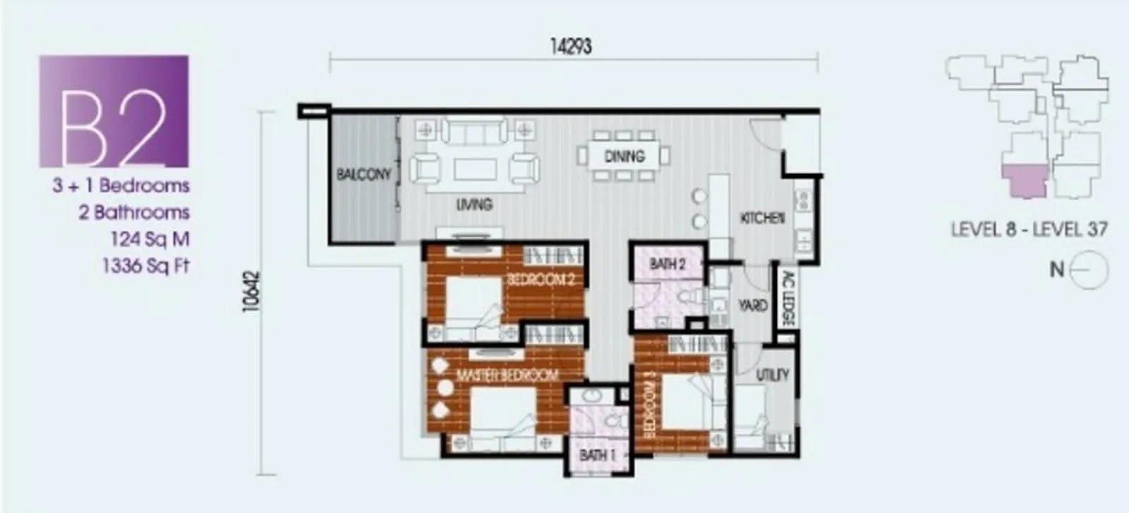 Pinnacle Tower Type B2 官方户型平面图 — 1,336 平方尺 · 3+1 房 2 卫 · 8–37 楼