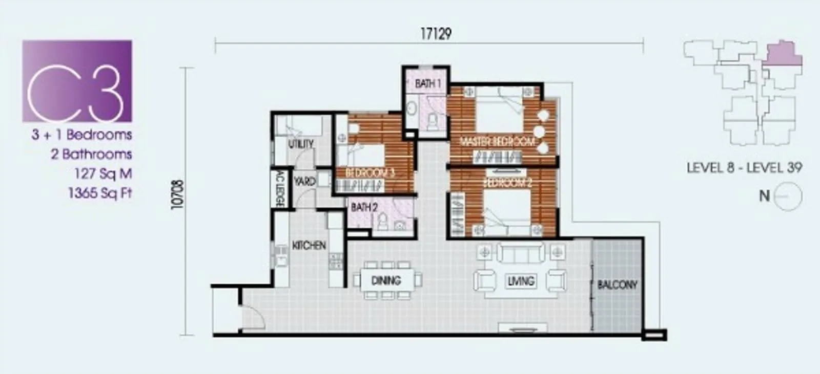 Pinnacle Tower Type C3 官方户型平面图 — 1,365 平方尺 · 3+1 房 2 卫 · 8–39 楼