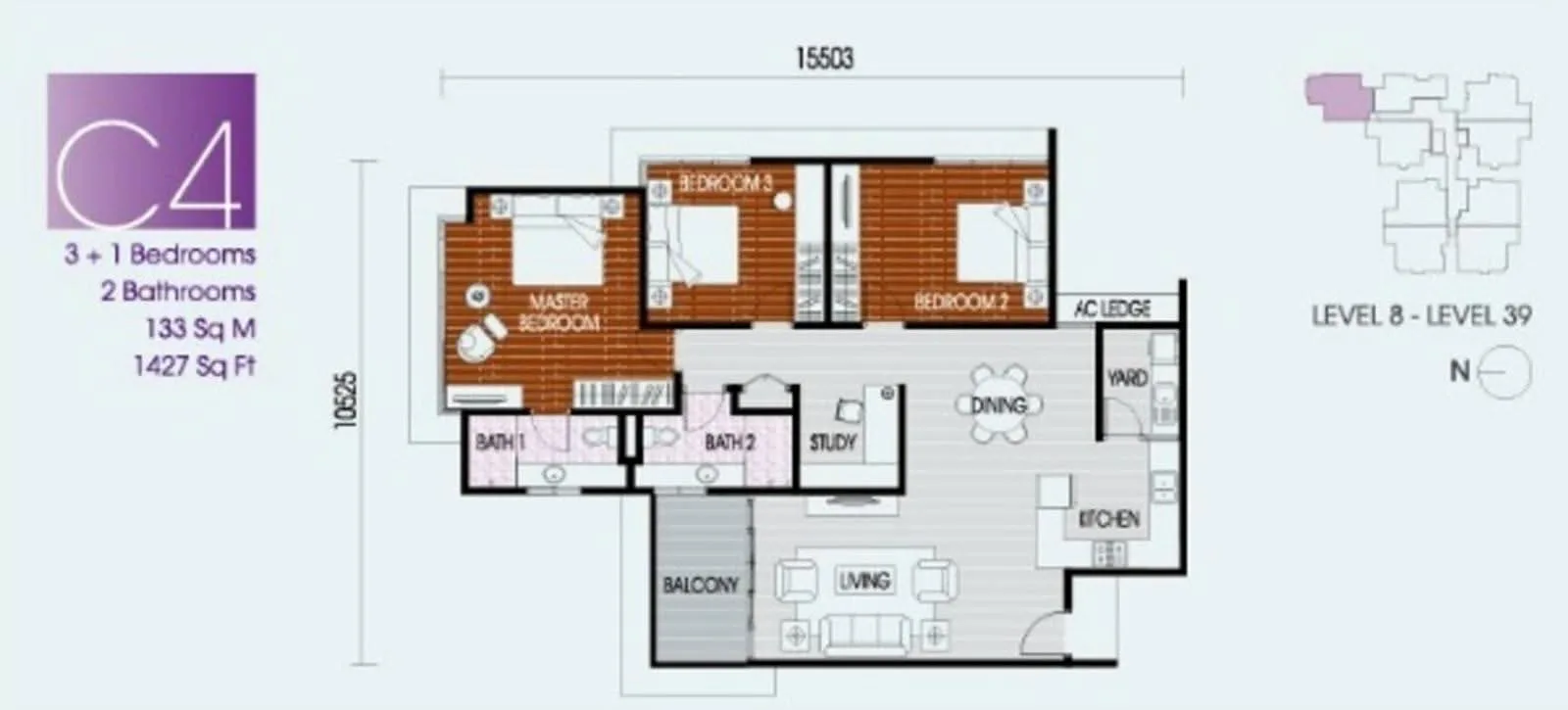 Pinnacle Tower Type C4 官方户型平面图 — 1,427 平方尺 · 3+1 房 2 卫 · 8–39 楼