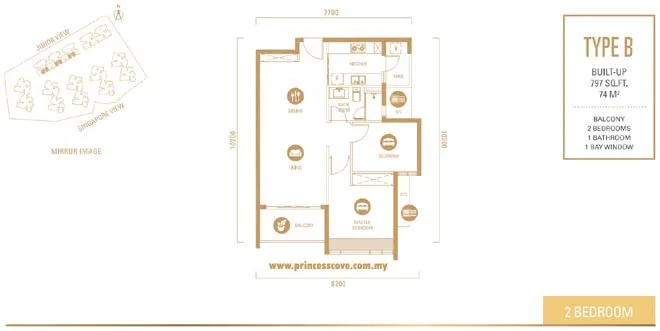 R&F Princess Cove Type B official floor plan — 797 sq ft · 2 bed