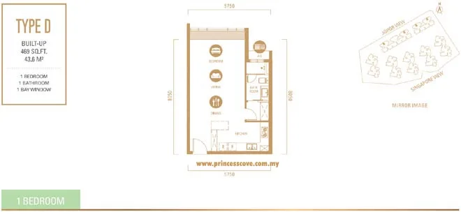 R&F Princess Cove Type D official floor plan — 469 sq ft studio
