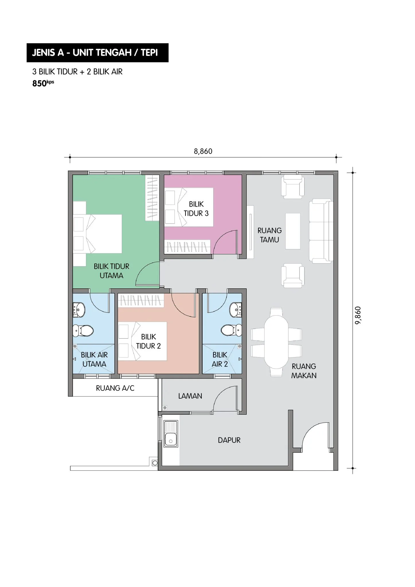 Residensi Taman Pelangi Indah Jenis A 官方户型平面图 — 中间／边间单位 · 3 房 2 卫