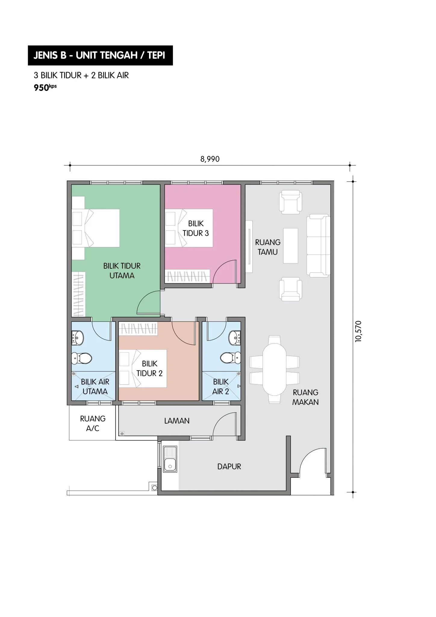 Residensi Taman Pelangi Indah Jenis B 官方户型平面图 — 中间／边间单位 · 3 房 2 卫