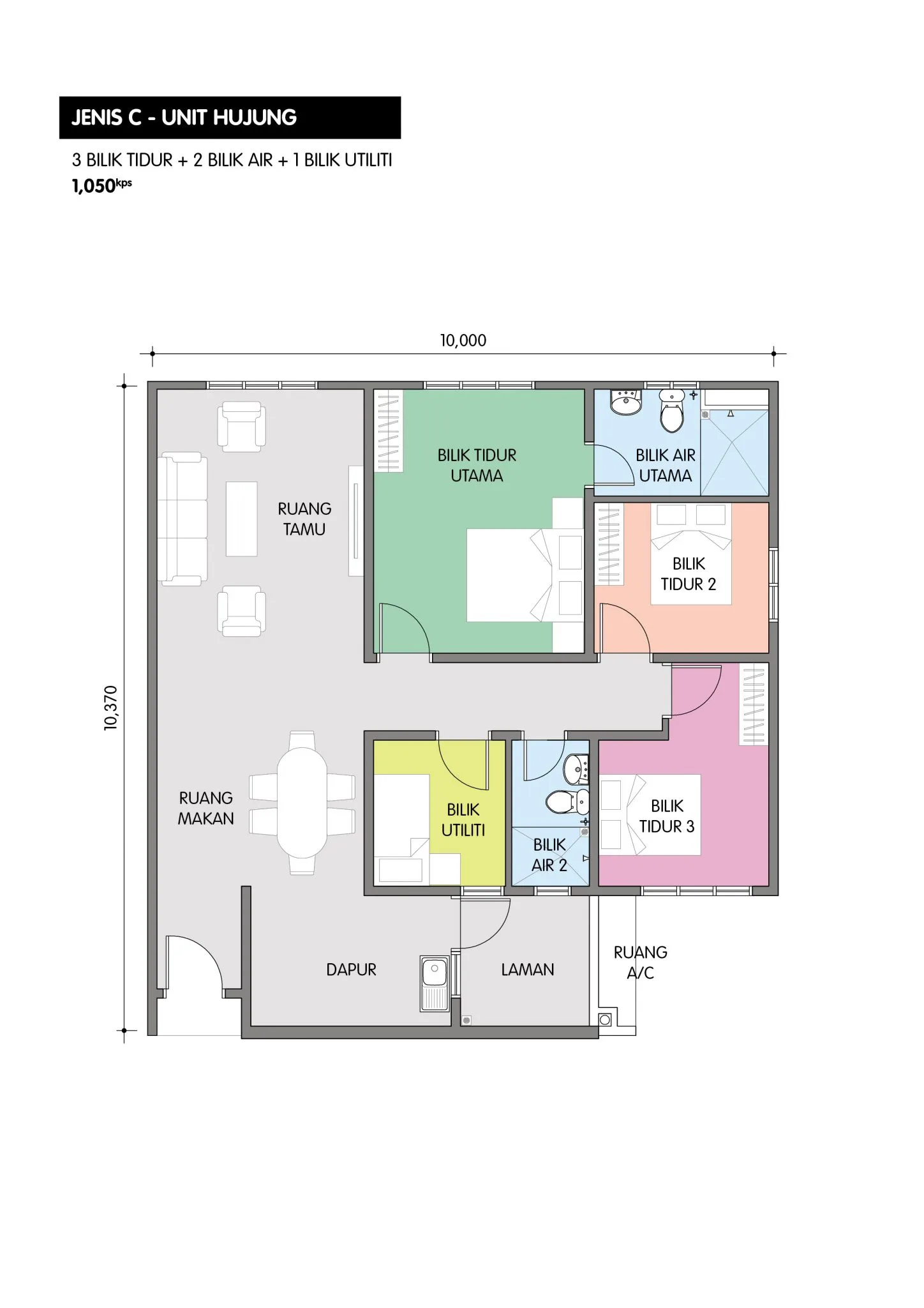 Residensi Taman Pelangi Indah Jenis C 官方户型平面图 — 角头单位 · 3 房 2 卫 · 附工作间
