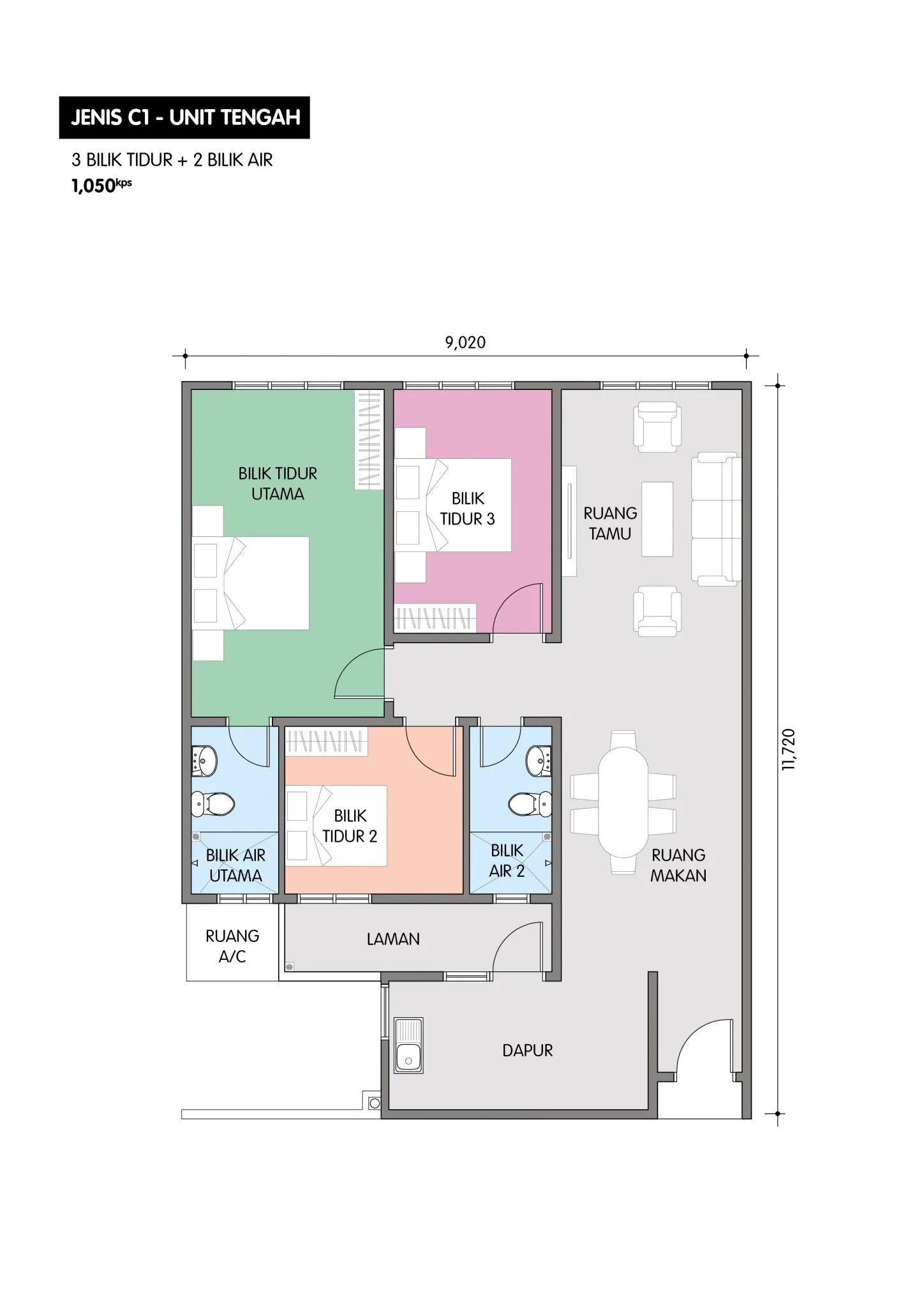 Residensi Taman Pelangi Indah Jenis C1 官方户型平面图 — 中间单位 · 3 房 2 卫