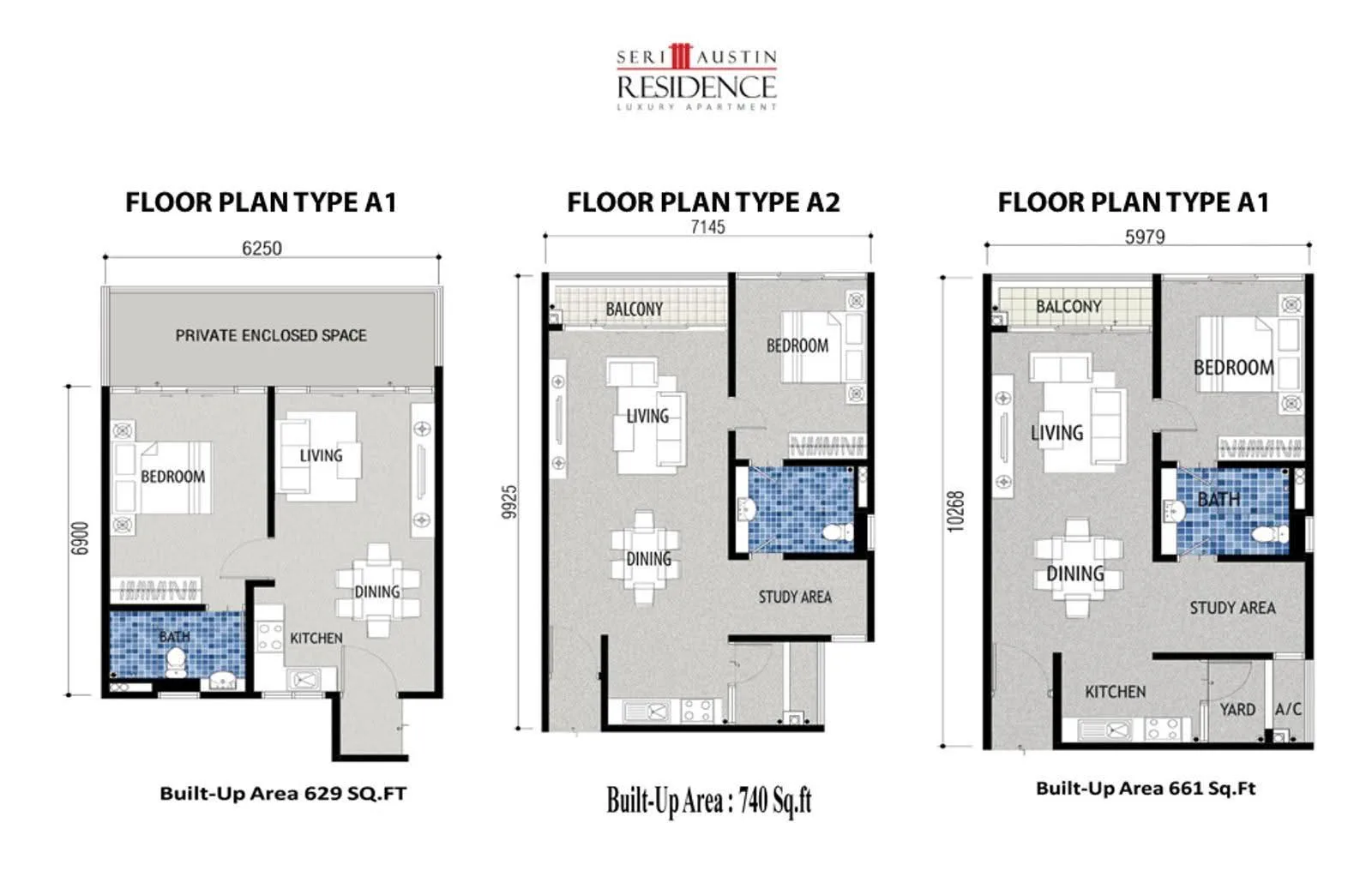 Seri Austin Residence Type A1 and A2 official floor plan — 629, 661 and 740 sq ft · 1 bed 1 bath