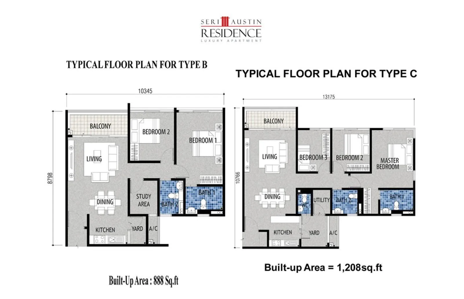 Seri Austin Residence Type B and Type C official floor plan — 888 sq ft 2 bed 2 bath and 1,208 sq ft 3 bed 3 bath
