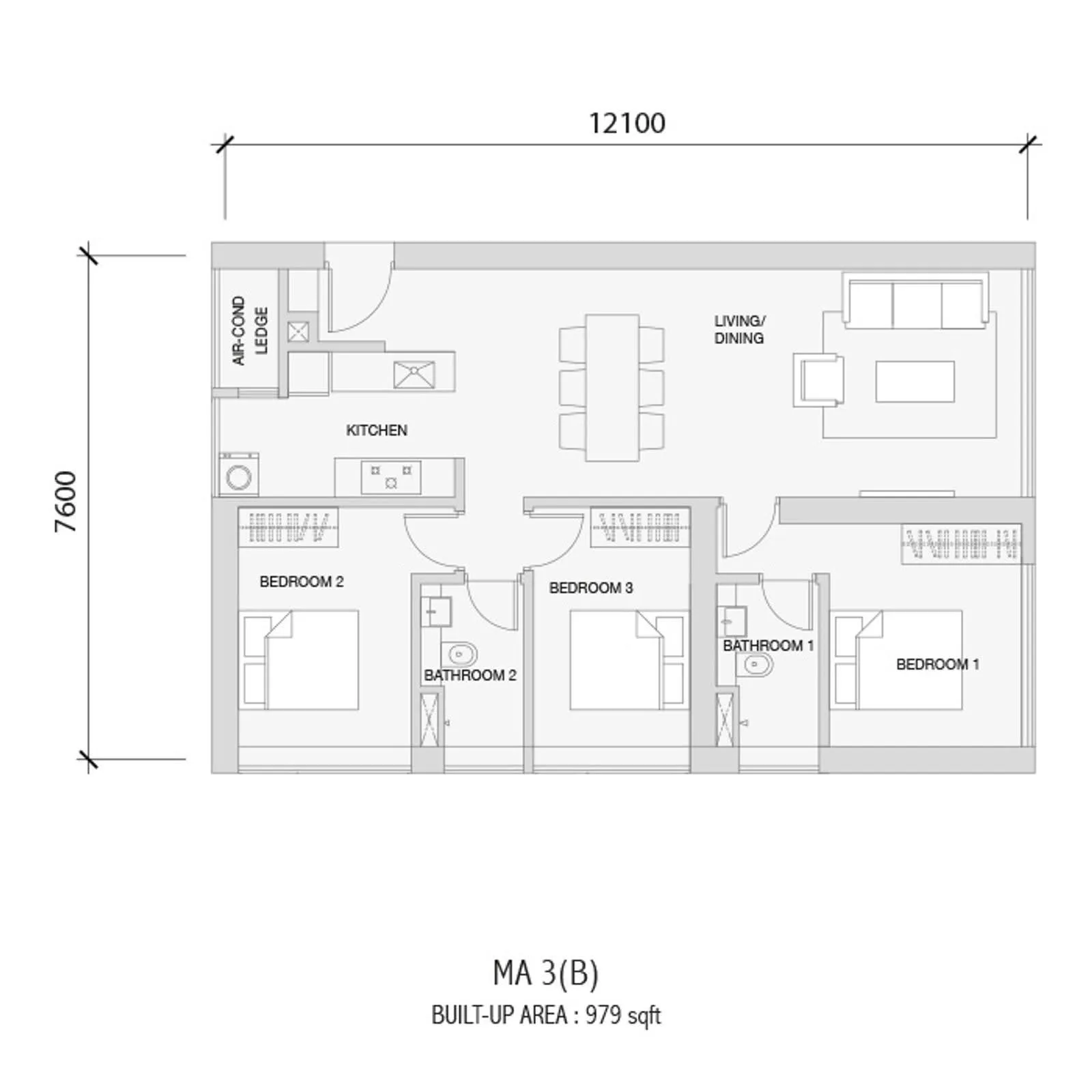 Setia Sky88 MA 3(B) official floor plan — 979 sq ft · 3 bed 2 bath