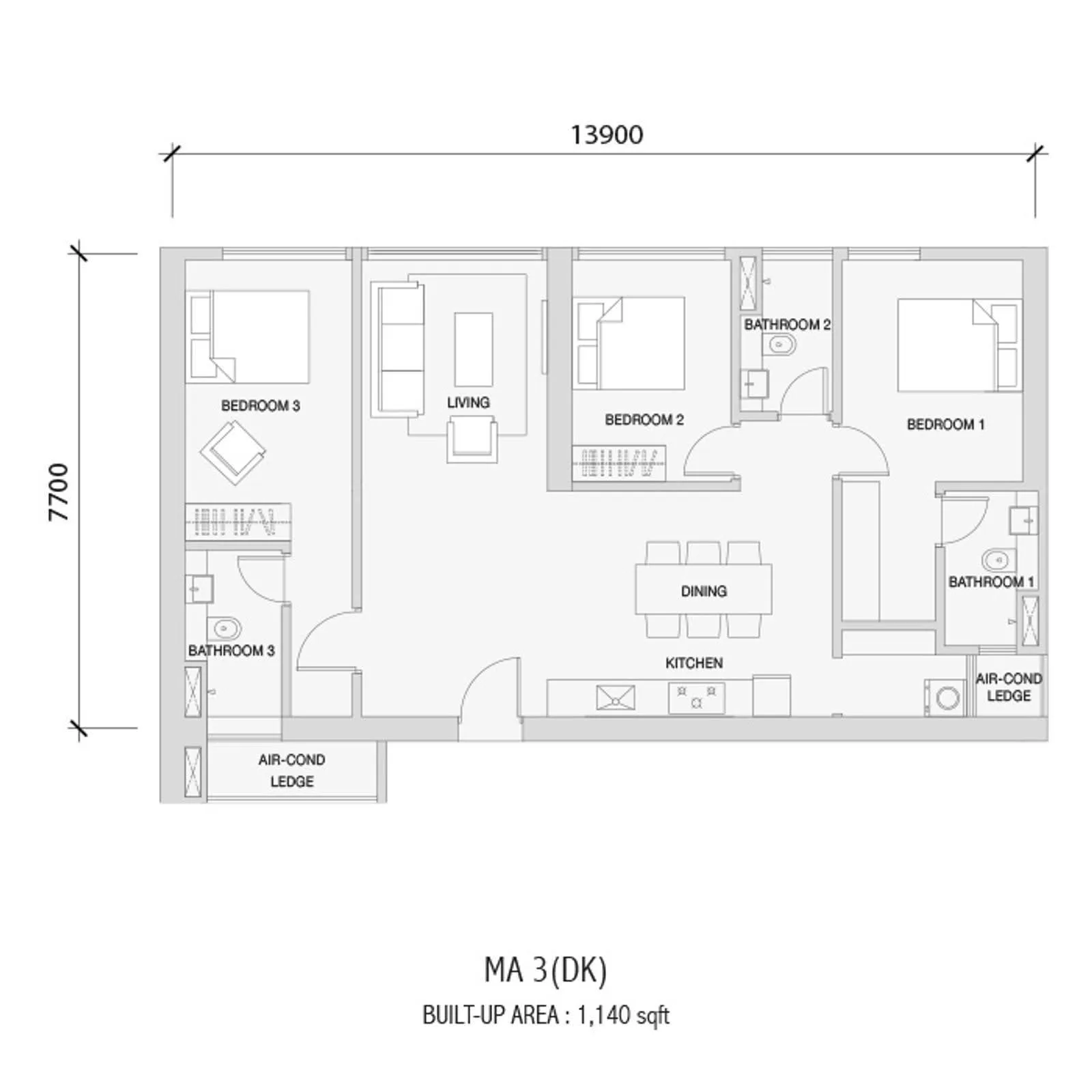 Setia Sky88 MA 3(DK) official floor plan — 1,140 sq ft · 3 bed 3 bath