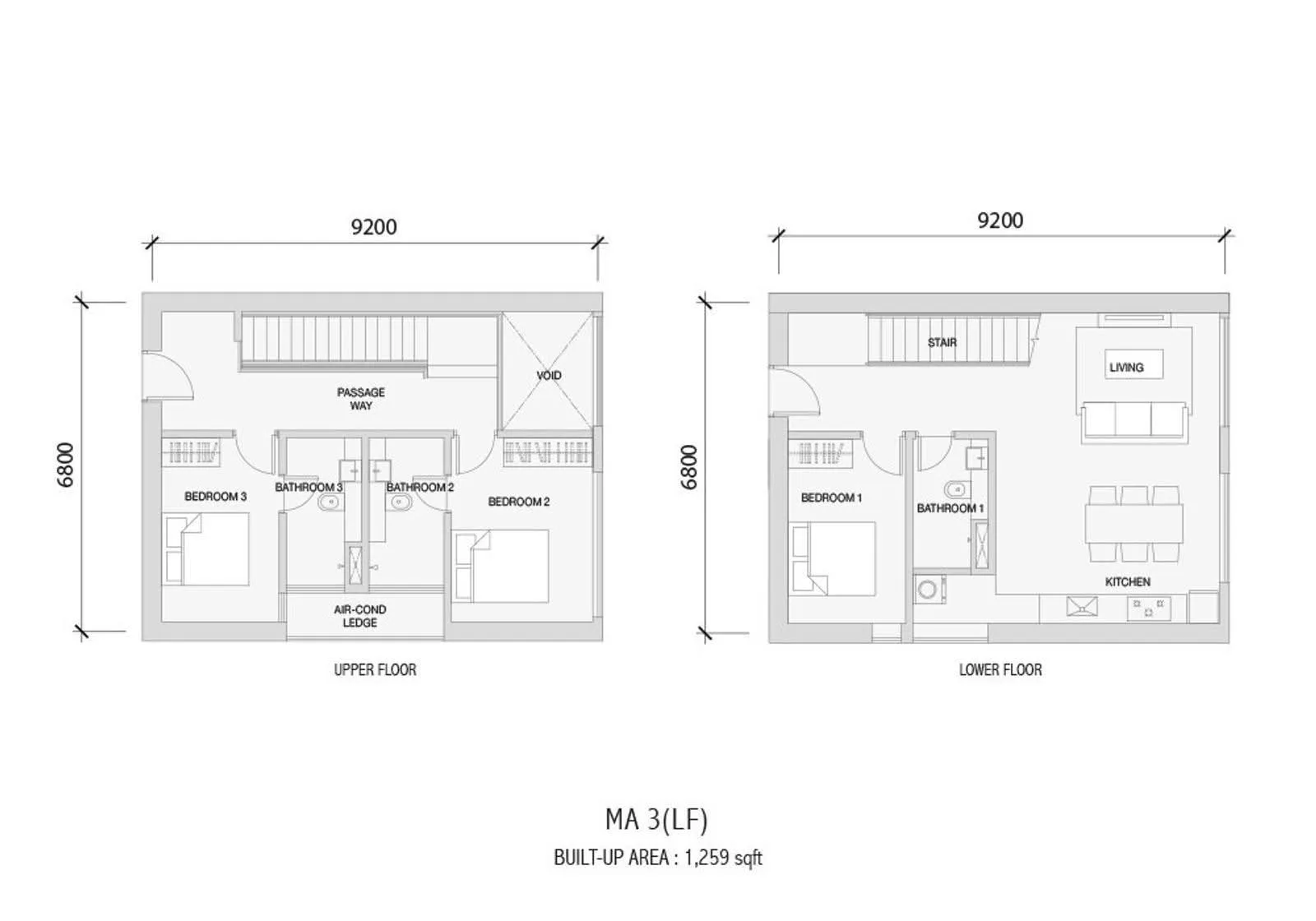 Setia Sky88 MA 3(LF) official floor plan — 1,259 sq ft · 3 bed 3 bath · duplex, lower and upper floor