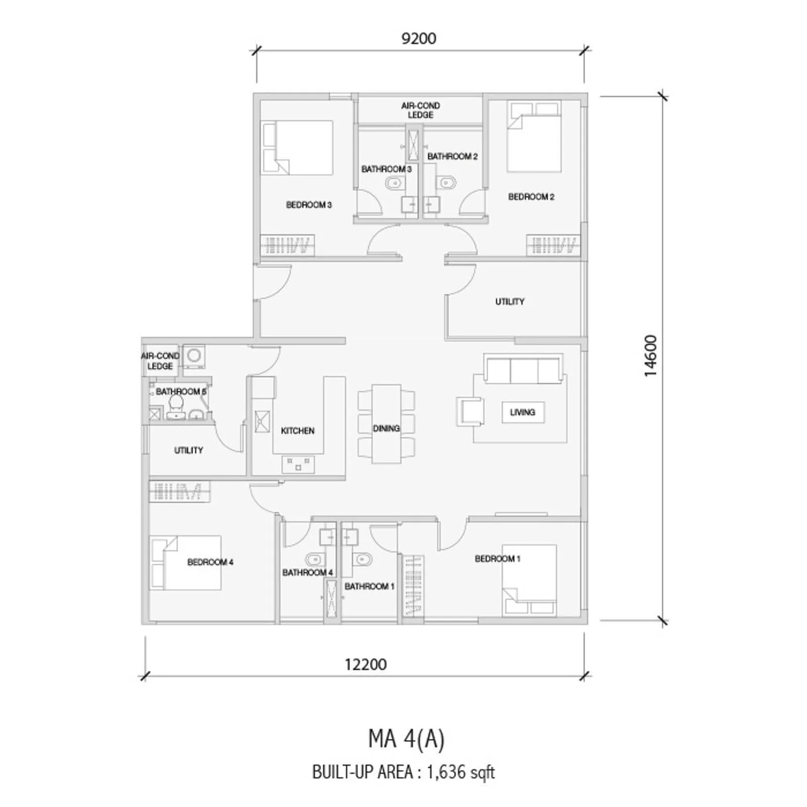Setia Sky88 MA 4(A) official floor plan — 1,636 sq ft · 4 bed 4 bath + 2 utility