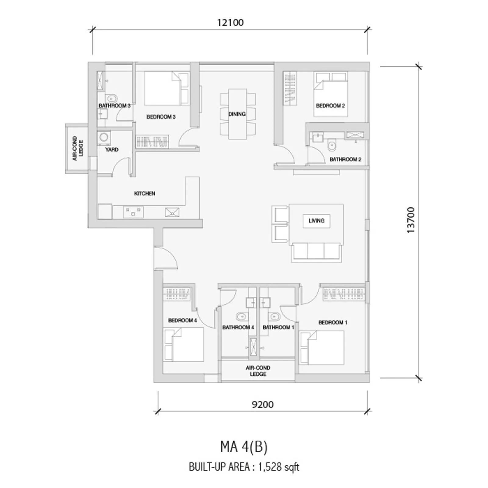 Setia Sky88 MA 4(B) official floor plan — 1,528 sq ft · 4 bed 4 bath