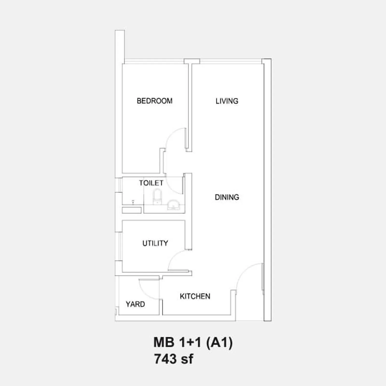 Setia Sky88 MB 1+1 (A1) official floor plan — 743 sq ft · 1+1 bed 1 bath
