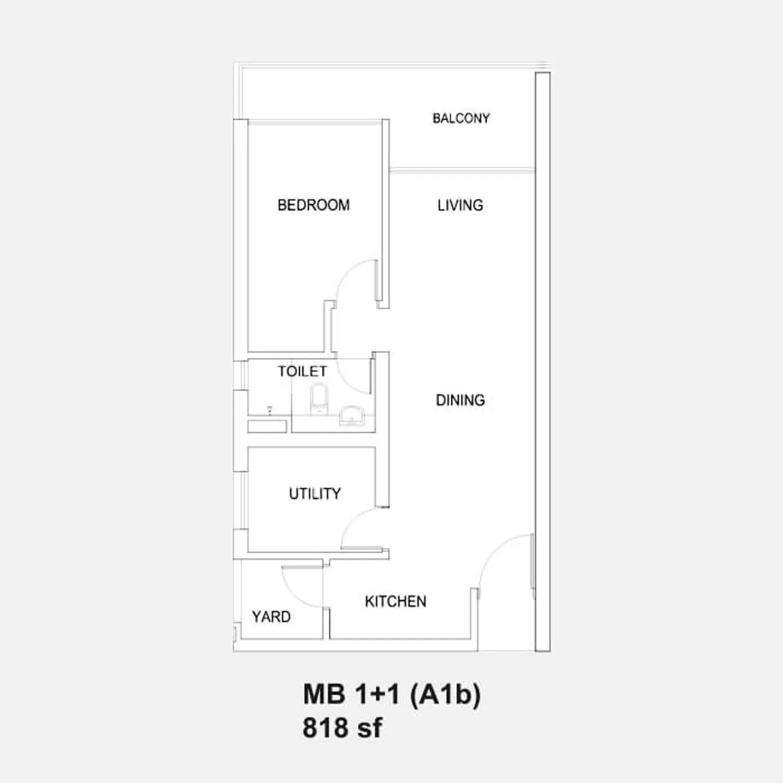 Setia Sky88 MB 1+1 (A1b) official floor plan — 818 sq ft · 1+1 bed 1 bath with balcony