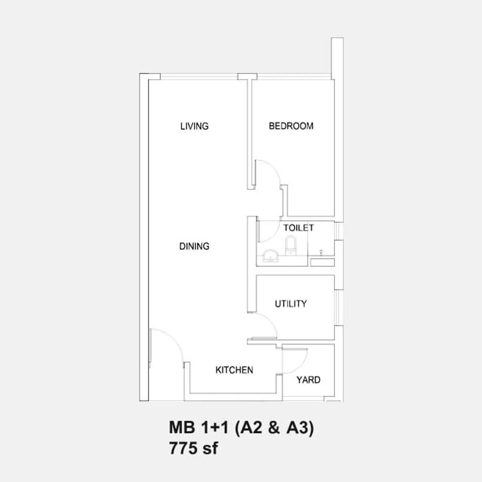 Setia Sky88 MB 1+1 (A2 & A3) official floor plan — 775 sq ft · 1+1 bed 1 bath