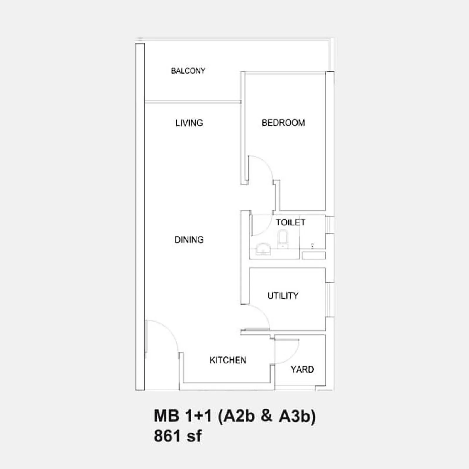 Setia Sky88 MB 1+1 (A2b & A3b) official floor plan — 861 sq ft · 1+1 bed 1 bath with balcony