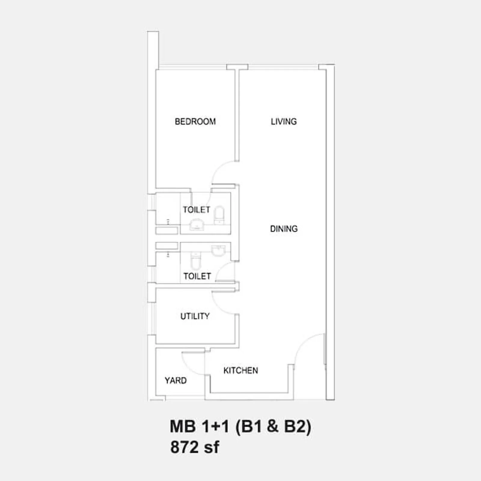 Setia Sky88 MB 1+1 (B1 & B2) official floor plan — 872 sq ft · 1+1 bed 2 bath